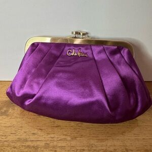 Cole Haan Satin Purple Clutch with Gold Accents, Kiss lock